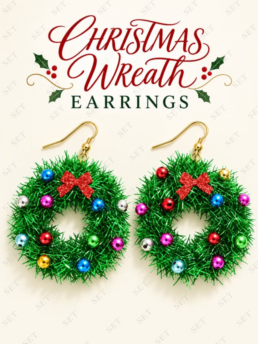 Christmas Wreath Tinsel Statement Earrings Red Bow Multicolor Holiday Dangle